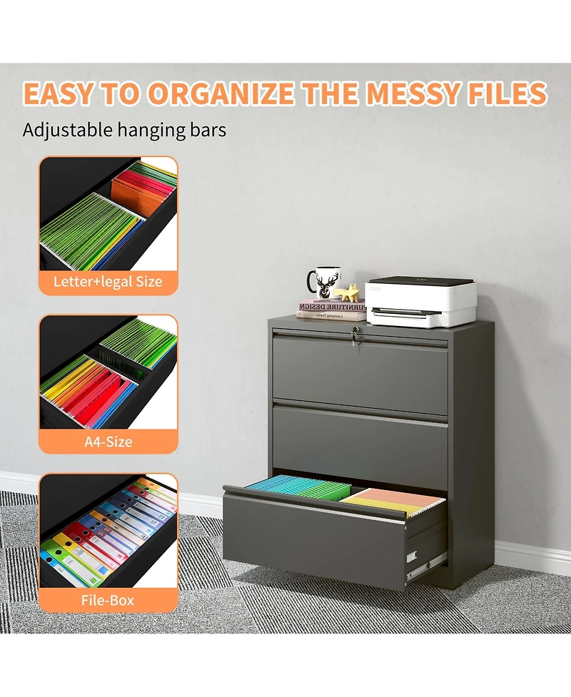 Rainsken 3 Drawer Lateral File Cabinet, Heavy-Duty Metal Filing Cabinet with Lock for Home Office, Fits Legal/Letter/A4/F4