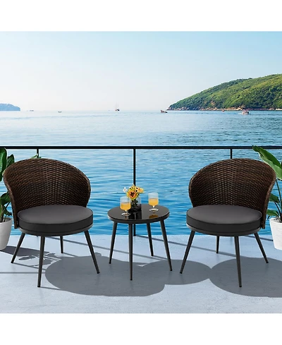 Costway 3PCS Patio Rattan Bistro Furniture Set Cushioned Chair Table Garden