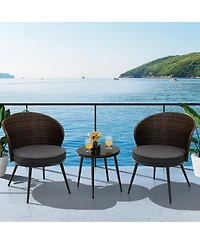 Costway 3PCS Patio Rattan Bistro Furniture Set Cushioned Chair Table Garden