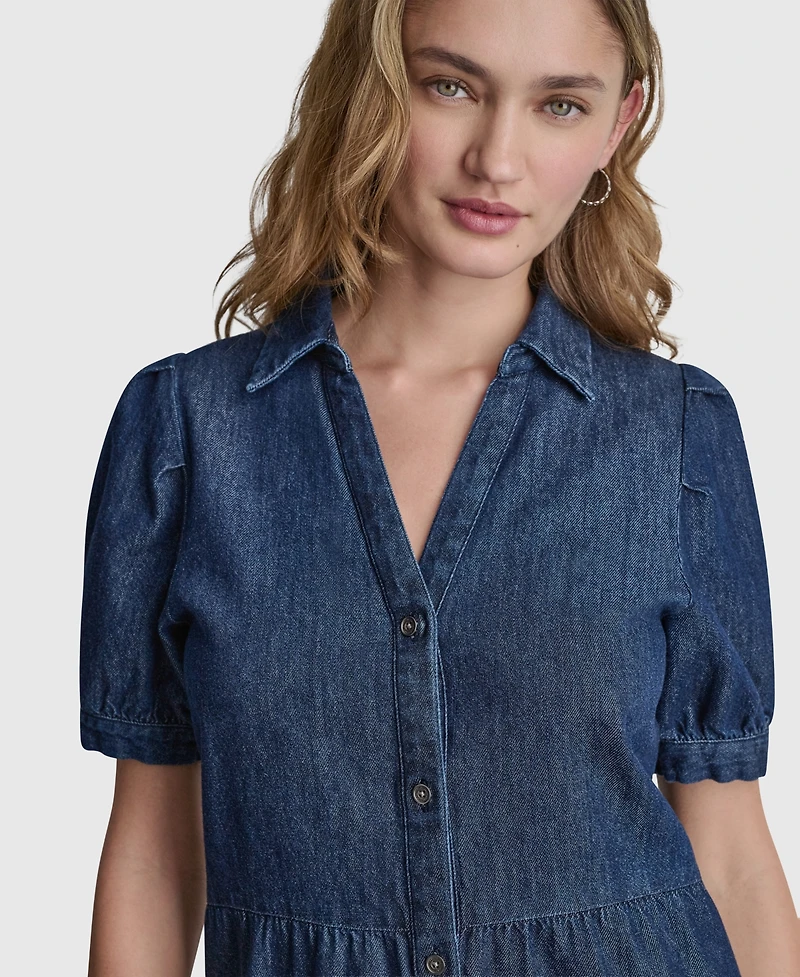 Dkny Jeans Women's Tiered Puff-Sleeve Collared Denim Cotton Mini Shirt Dress