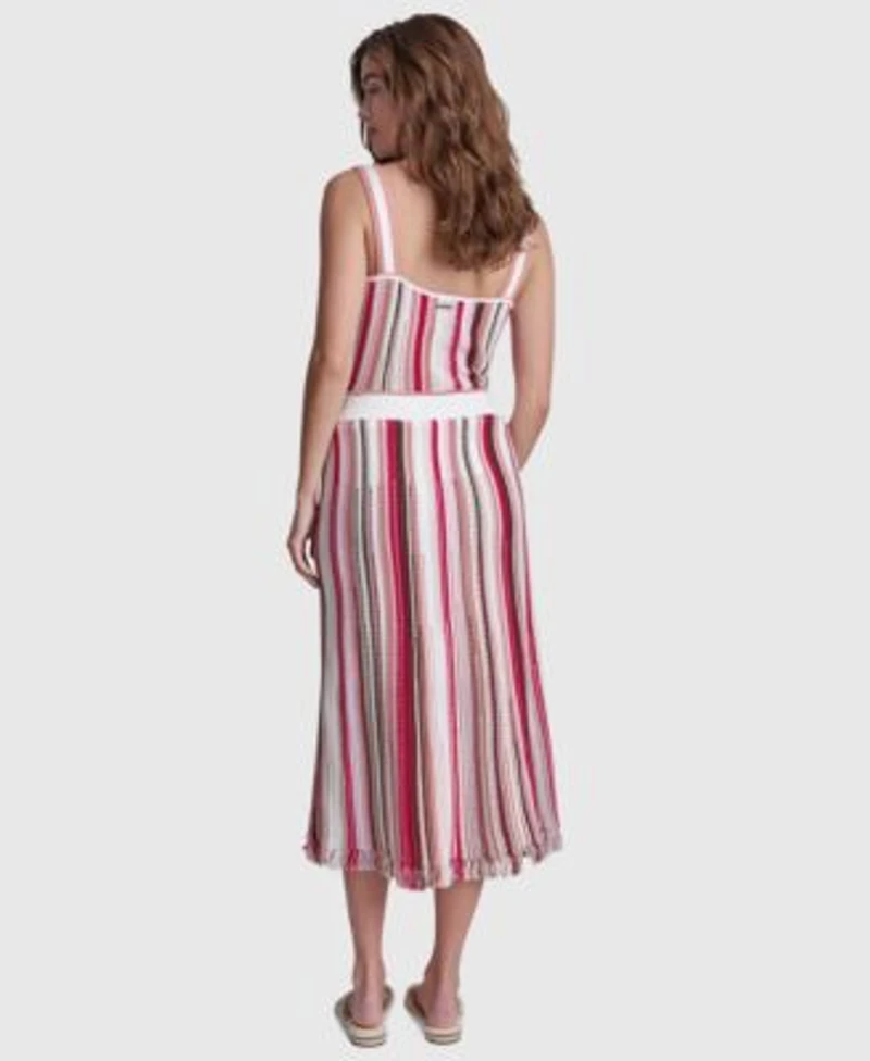 Dkny Jeans Womens Striped Pointelle Stitch Bandeau Knit Cotton Tank Top Striped Midi Skirt