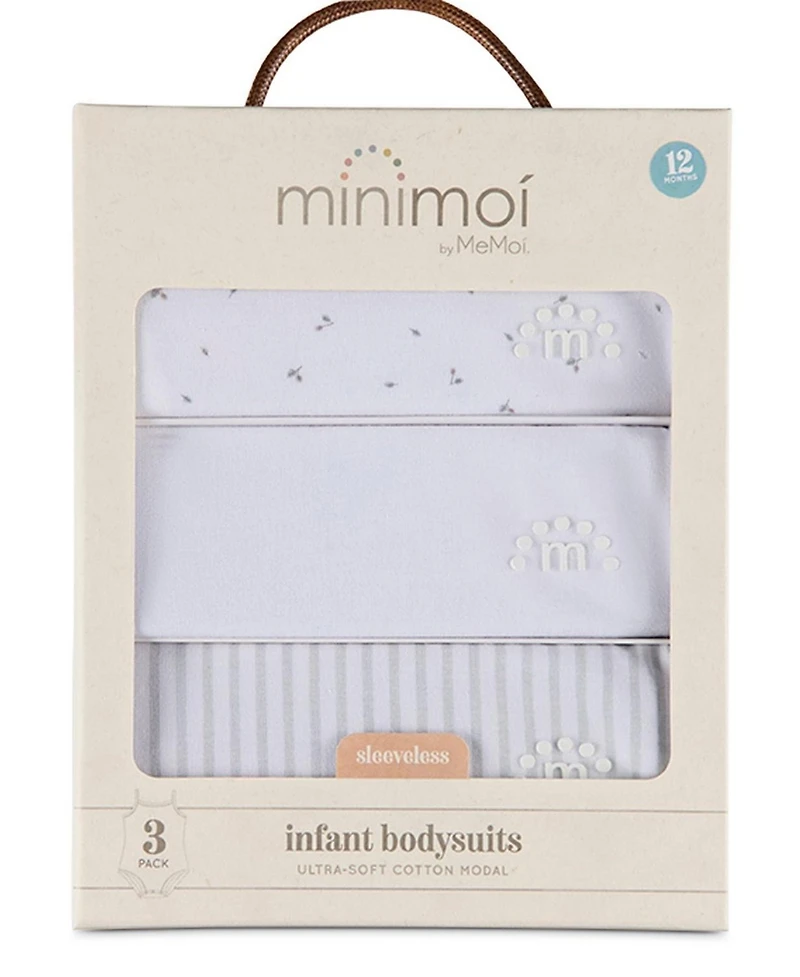 MeMoi Baby 3 Pack Cotton / Modal Bodysuits - Petite Leaves, Stripes, Solid