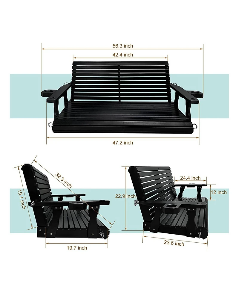 Wooden Porch Swing 2-Seater, Bench with Cupholders, Hanging Chains and 7mm Springs, Heavy Duty 800 Lbs, for Outdoor Patio Garden Yard, 4 ft