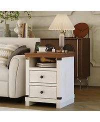 homfan Farmhouse Nightstand with Charging Station, Rustic Bedside Table 2 Drawers and Open Shelf, Usb Ports Ac Outlets for Bedroom