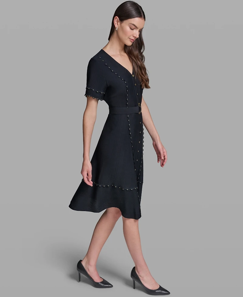 Karl Lagerfeld Paris Women's Belted Nailhead Trim V-Neck Dress