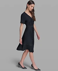 Karl Lagerfeld Paris Women's Belted Nailhead Trim V-Neck Dress