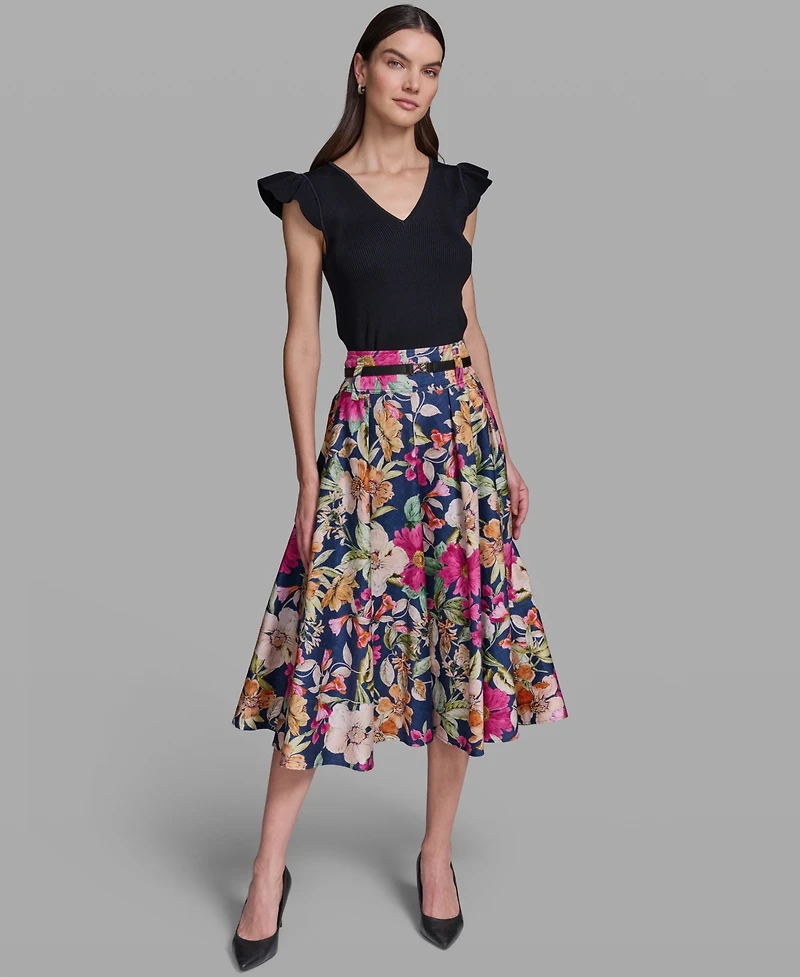 Karl Lagerfeld Paris Women's Printed Belted Midi Skirt