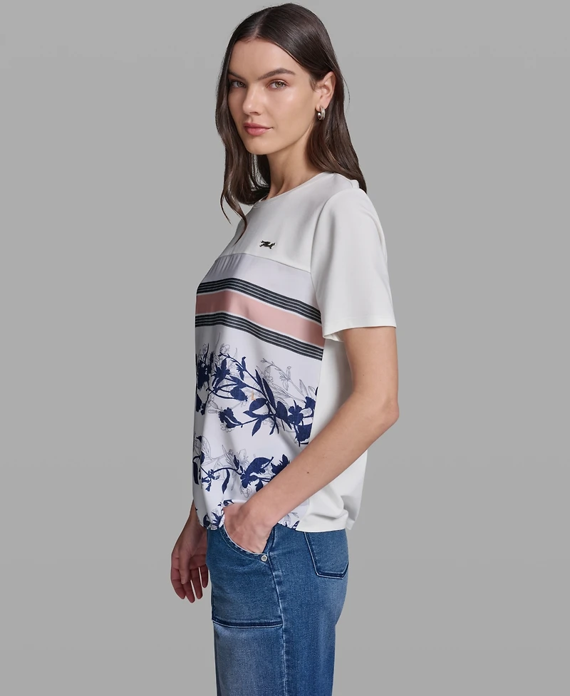 Karl Lagerfeld Paris Women's Short-Sleeve Mix-Media Printed Knit Top