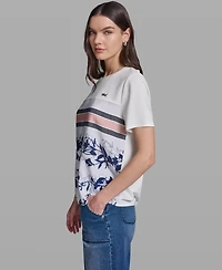 Karl Lagerfeld Paris Women's Short-Sleeve Mix-Media Printed Knit Top