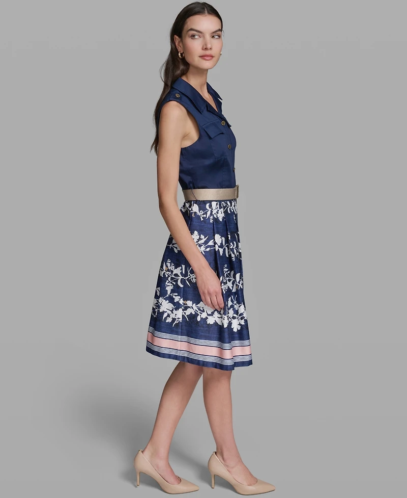 Karl Lagerfeld Paris Women's Sleeveless Collared Belted Dress
