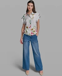 Karl Lagerfeld Paris Women's Short-Sleeve Bungee Woven Collared Top