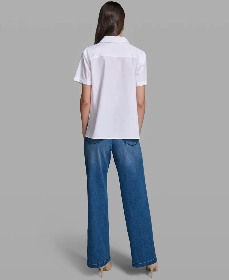 Karl Lagerfeld Paris Women's Poplin Floral Embroidered Collared Top