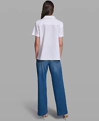 Karl Lagerfeld Paris Women's Poplin Floral Embroidered Collared Top