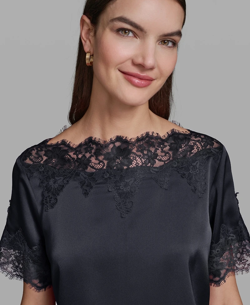 Karl Lagerfeld Paris Women's Short-Sleeve Lace Trim Blouse