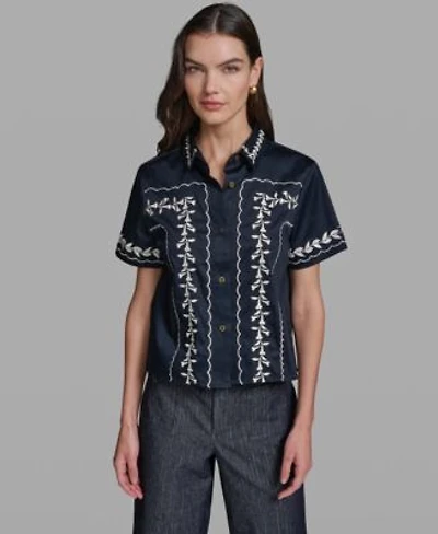 Karl Lagerfeld Paris Womens Short Sleeve Embroidery Shirt