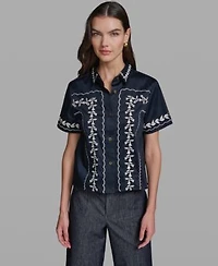 Karl Lagerfeld Paris Womens Short Sleeve Embroidery Shirt