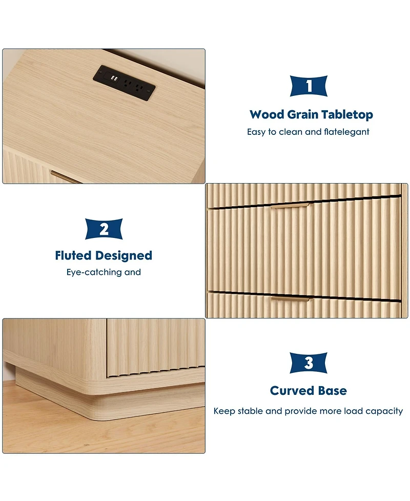 homfan Set of 2 Modern Nightstands, 3-Drawer Light Wood Bedside with Power Outlet and Metal Handles, Storage End Tables Space Saving