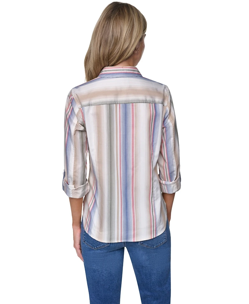 Nautica Women's Cotton-Blend Roll-Tab Button-Front Shirt