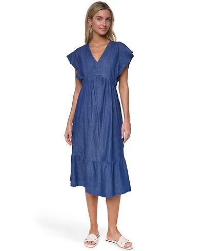Nautica Women's Cotton-Blend V-Neck Chambray Dress