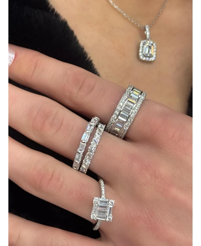 Suzy Levian Sterling Silver Cubic Zirconia Emerald Cut Halo Pendant Necklace