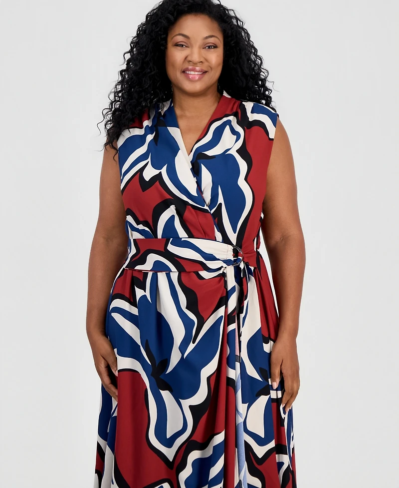 Anne Klein Plus Sleeveless Faux-Wrap Midi Dress