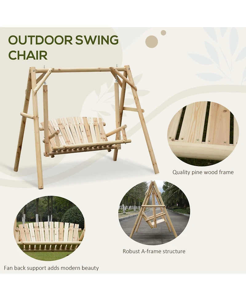 Outsunny 6.5' Outdoor Rustic Loveseat Solid Wood Natural Log Garden Swing Natural