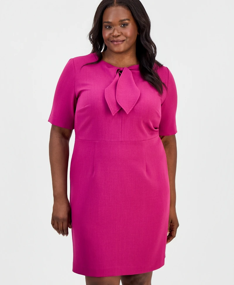 Kasper Plus Tie-Neck Elbow-Sleeve Sheath Dress