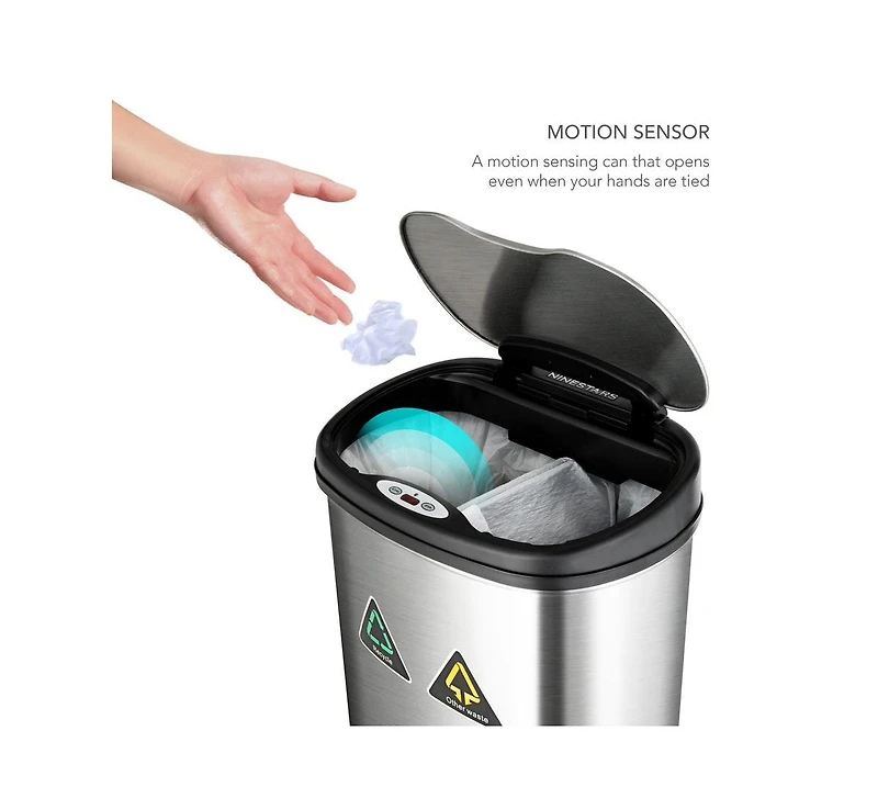 Ninestars 13 Gallon Automatic Kitchen Trash Can, Motion Sensor Touchless 50L Large Stainless Steel Garbage Bin Dual Compartment