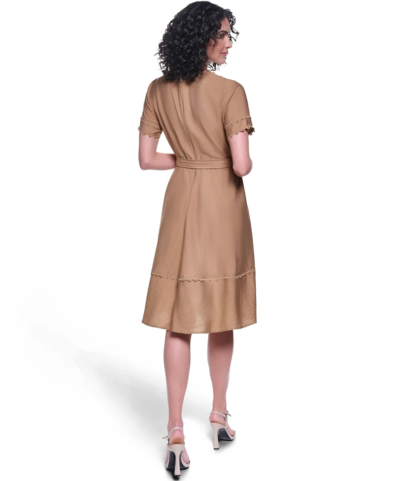 Karl Lagerfeld Paris Women's Belted Nailhead Trim V-Neck Dress