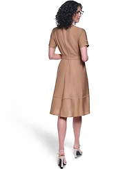 Karl Lagerfeld Paris Women's Belted Nailhead Trim V-Neck Dress
