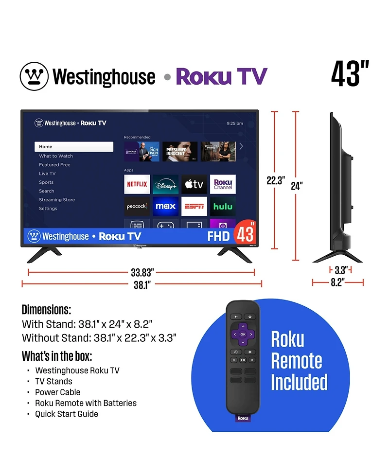 Westinghouse 43" Smart Edgeless Roku Tv, 1080p Fhd Flat Screen with Wi-Fi, Bluetooth, Mobile App, AirPlay, Alexa and Google
