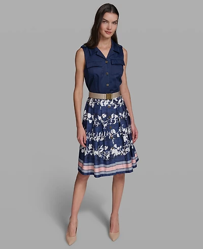 Karl Lagerfeld Paris Petite Collared Neck Belted Dress