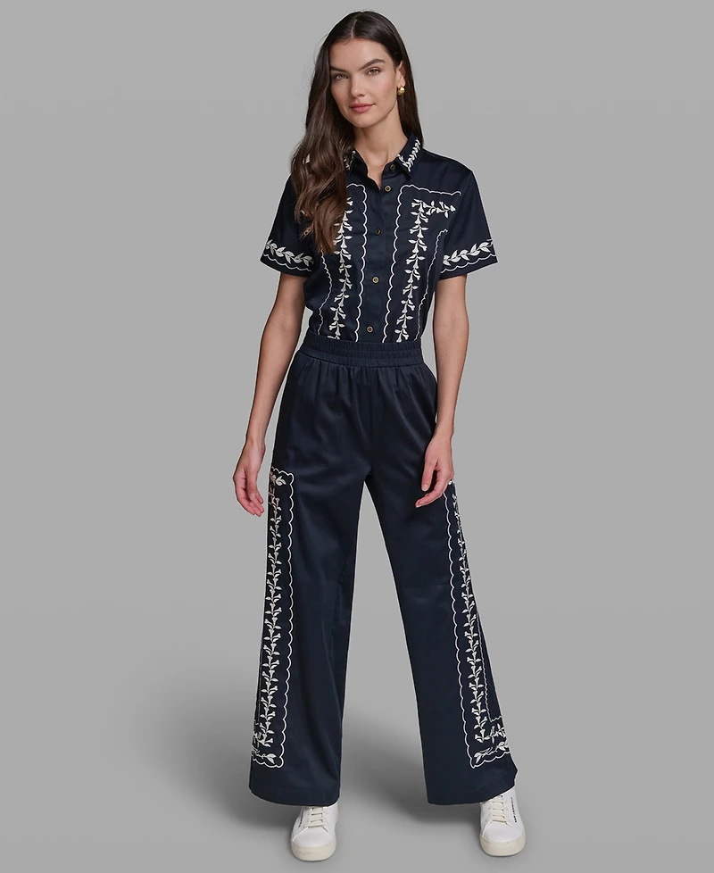 Karl Lagerfeld Paris Petite Embroidered Mid-Rise Floral Pants