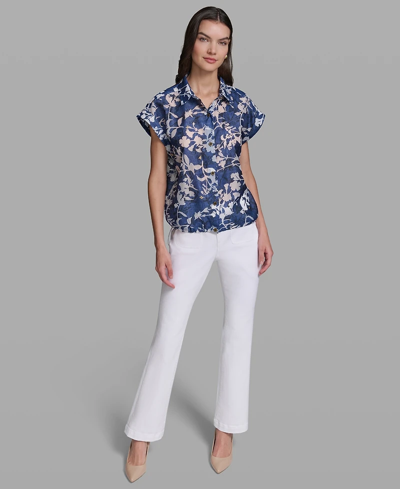 Karl Lagerfeld Paris Petite Printed Collared Neck Bungee Top