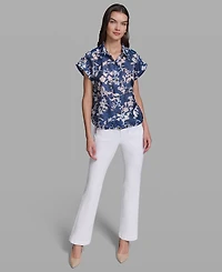 Karl Lagerfeld Paris Petite Printed Collared Neck Bungee Top