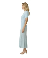Modenaire Women's Ribbed Knit Belted Pleated Midi Dress