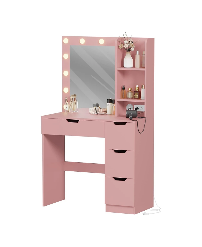gaomon Modern Makeup Vanity Desk with Lighted Mirror, 4 Drawers, 3 Lighting Modes, Open Shelves, Built-in Power Outlets, Small Bedroom Dressing Table
