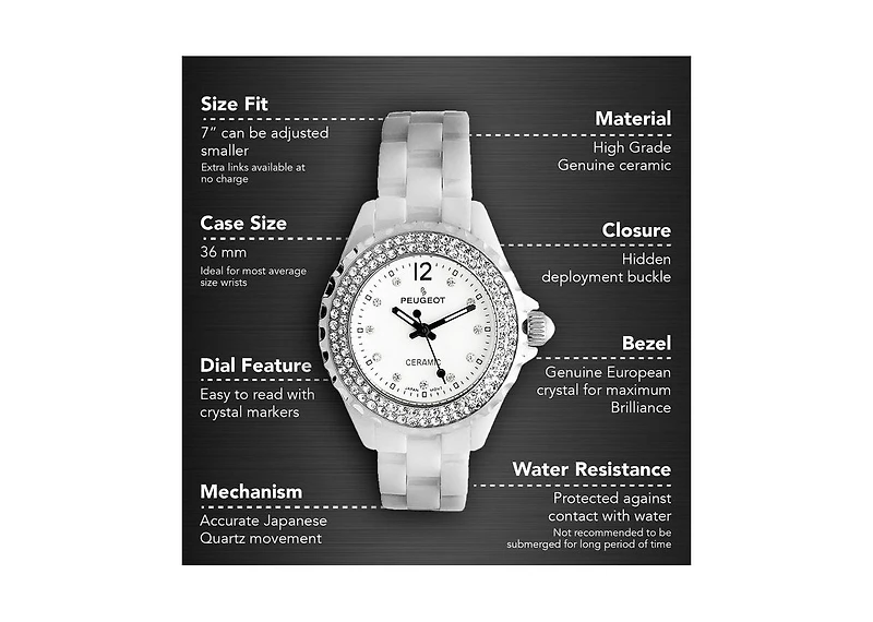 Peugeot Women's 36mm White Ceramic Watch with Silver Crystal Bezel