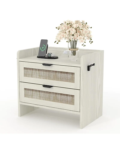 gaomon Adults 2-Drawer Rattan Nightstand - Wood Bedside Table for Bedroom Storage