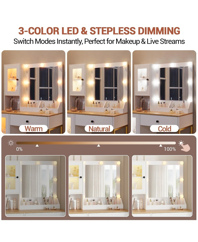gaomon Makeup Vanity Desk with Mirror and Rgb Led Lights, Charging Station, 2 Acrylic-Door Cabinets, Open Compartments, Wooden Dressing Table