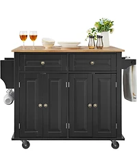 Volenca Kitchen Island Cart with 43" Wood Top, Storage Cabinet, Drop Leaf, Adjustable Shelf, Drawer, Spice Rack, Towel Bar, Hooks, Black