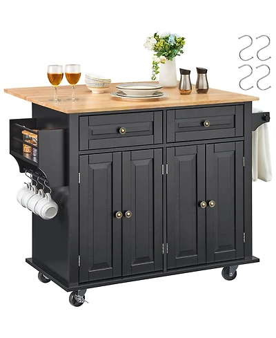Volenca Kitchen Island Cart with 43" Wood Top, Storage Cabinet, Drop Leaf, Adjustable Shelf, Drawer, Spice Rack, Towel Bar, Hooks, Black