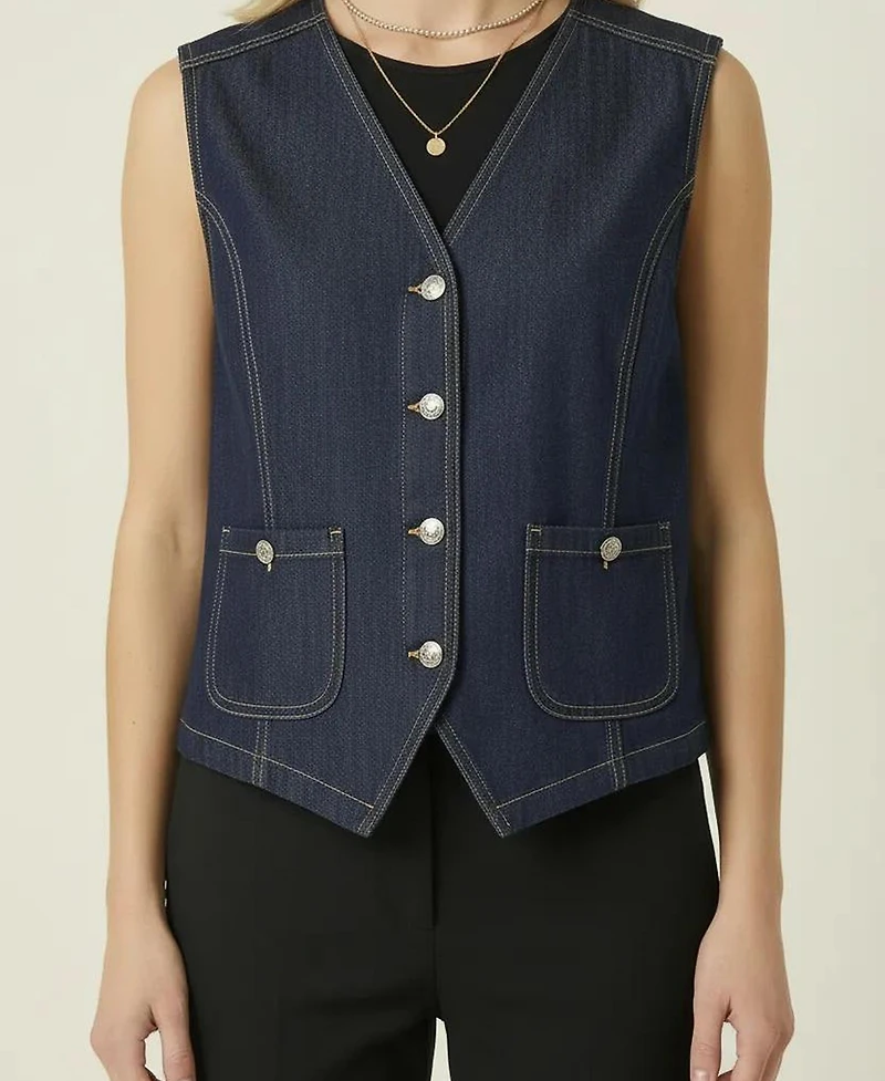 Modenaire Women's Denim Button-Front Patch Pocket Vest