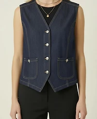 Modenaire Women's Denim Button-Front Patch Pocket Vest