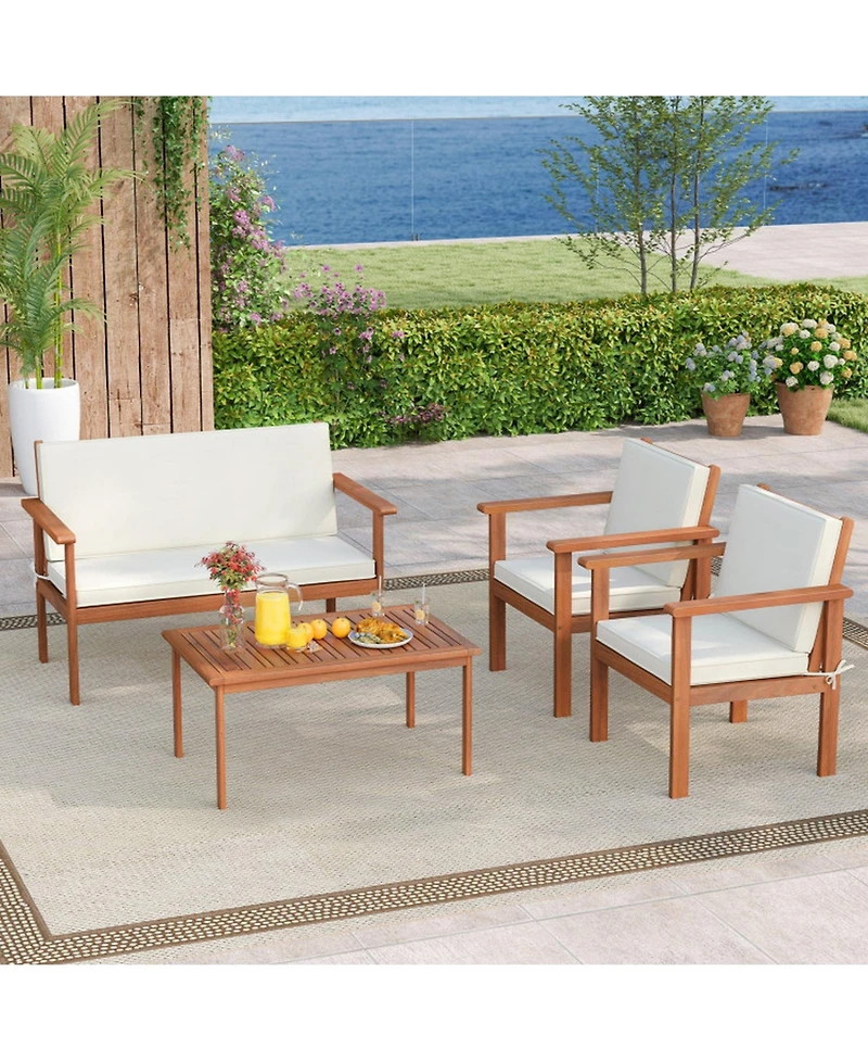 Gouun 4-Piece Acacia Wood Patio Set with Loveseat, Armchairs and Coffee Table