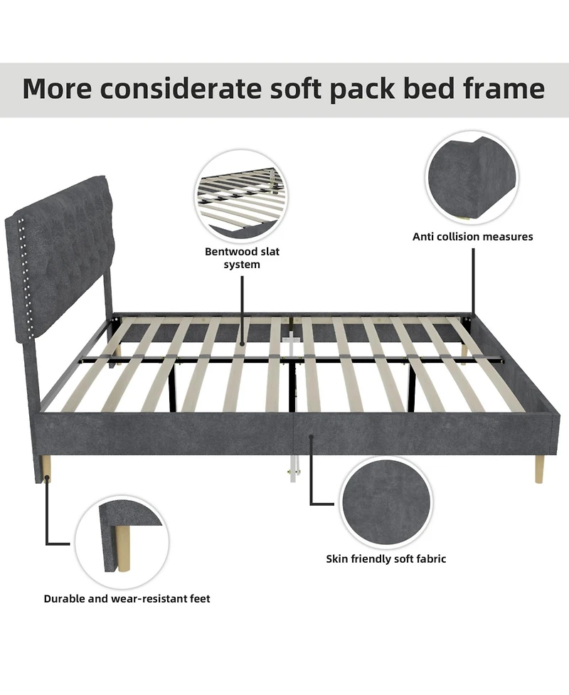 Rainsken Bed Frame, with Suede Upholstered Headboard, Under Storage, Wood Slats Support, No Box Spring Needed, Easy Assembly