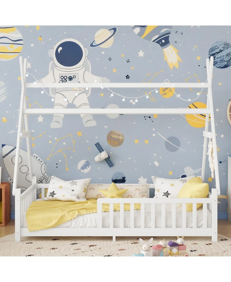 Rainsken Montesori Floor Bed for Kids, with Light and Slats, Wood Teepee Bed, Low House No Box Spring Needed