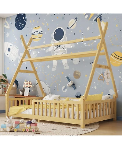 Rainsken Montesori Floor Bed for Kids, with Light and Slats, Wood Teepee Bed, Low House No Box Spring Needed