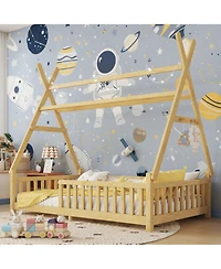Rainsken Montesori Floor Bed for Kids, with Light and Slats, Wood Teepee Bed, Low House No Box Spring Needed