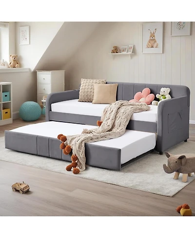 Rainsken Twin Daybed with Trundle, Velvet Upholstered Sofa Bed Frame with Usb Port, Side Pockets and Wood Slat Support for Living Room